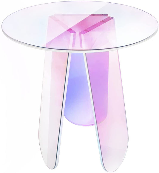 Acrylic Rainbow Color Coffee Table;  Iridescent Glass End Table Round Side Table Modern Accent TV Table for Living Bed Room Decoration