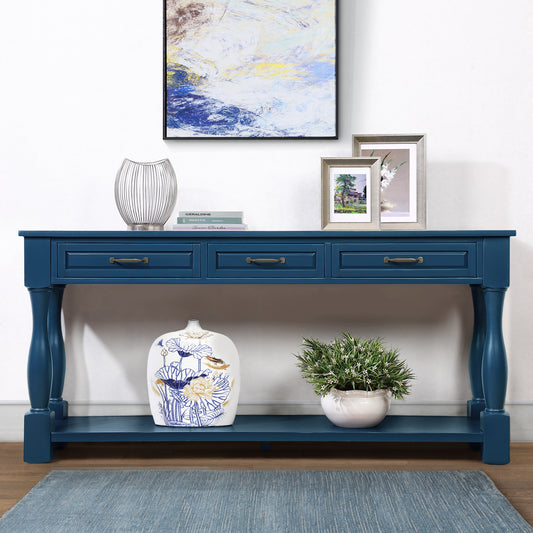 63inch Long Wood Console Table with 3 Drawers and 1 Bottom Shelf for Entryway Hallway Easy Assembly Extra-thick Sofa Table( Navy Blue)