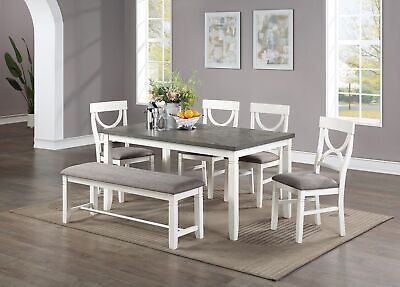 Dining Room Furniture White 6pc Set Table 4 Side Chairs and A Bench Rubberwood