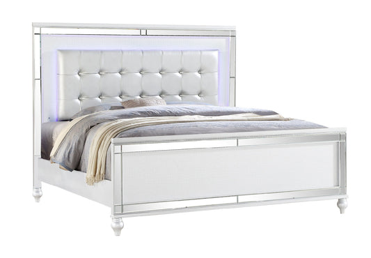Aurora White Upholstered LED Bed | Queen