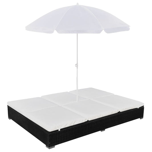 Patio Lounge Bed with Umbrella Poly Rattan Black