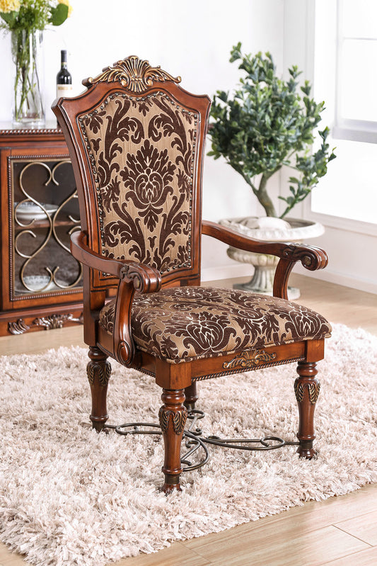 Traditional Fancy Set of 2pcs Arm Chairs Brown Cherry Solid wood Intricate Carved Details Floral Design Print Fabric Seats Formal Dining Room Furniture