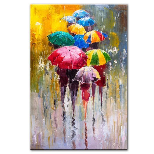 Hand Painted Oil Painting | Colorful Figures in Rain