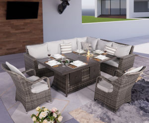 7 PCS Patio Gray Conversational Sofa Set With Gas Firepit and Ice Container Rectangle Dining Table And Dining Chairs