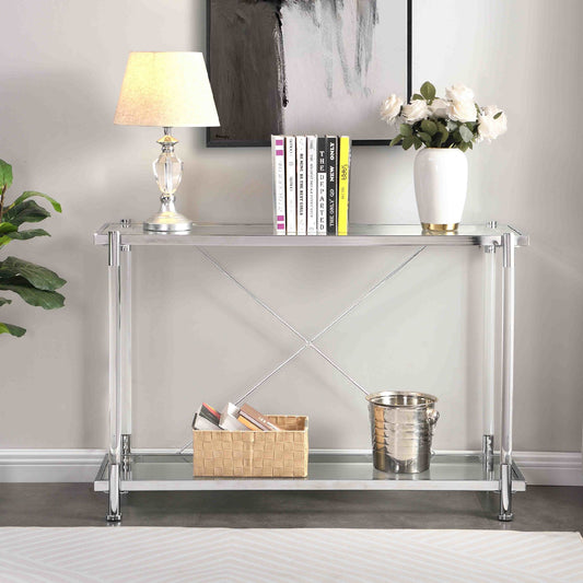 43.31'' Chrome Glass Sofa Table, Acrylic Side Table, Console Table for Living Room& Bedroom