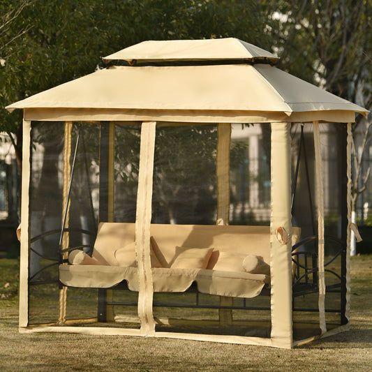 [VIDEO provided] 8.9 Ft. W x 5.9 Ft. D Outdoor Gazebo with Convertible Swing Bench; Double Roof Soft Canopy Garden Backyard Gazebo with Mosquito Netting Suitable for Lawn; Garden; Backyard