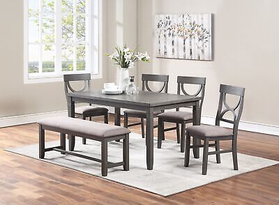 Dining Room Furniture 6pc Set Rectangle Table 4x Side Chairs and A Bench Grey
