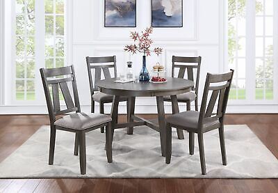 Dining Room Furniture 5pc Set Round Table And 4x Side Chairs Gray Fabric Cushion