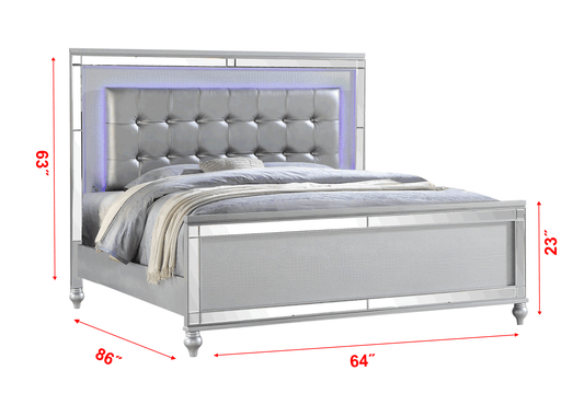 Aurora Silver Upholstered LED Bed | Queen