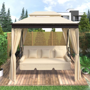 Swing Gazebo with Convertible Swing Bench;  Double Roof Soft Canopy Garden Backyard Gazebo with Mosquito Netting Suitable for Lawn;  Garden;  Backyard