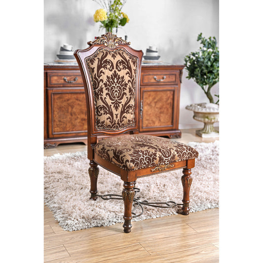 Traditional Fancy Set of 2pcs Side Chairs Brown Cherry Solid wood Intricate Carved Details Floral Design Print Fabric Seats Formal Dining Room Furniture