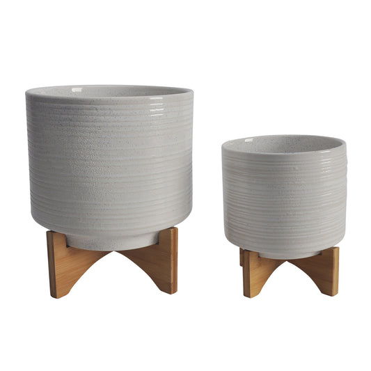 8/10" Planter W/Wood Stand Set | Speckled White