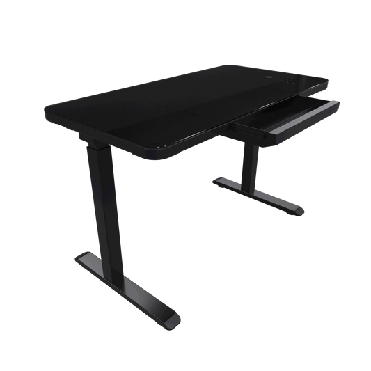 Glass Electric Standing Desk with Drawer - 45 x 23 Inch Tempered Glass Dual Motor Height Adjustable Sit Stand Desk Computer Workstation with USB/Wireless Charging/Power Strip