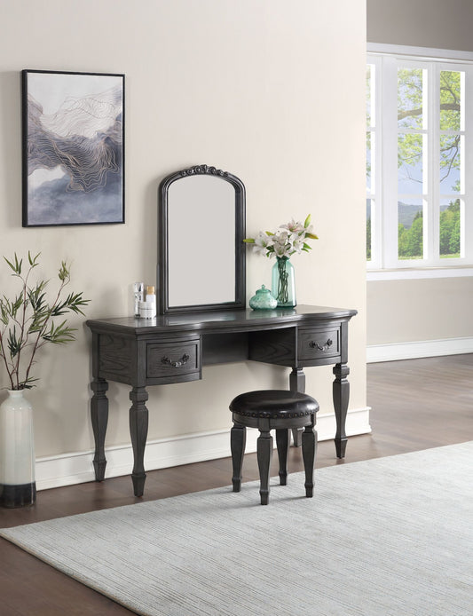 Bedroom Classic Vanity Set Wooden Carved Mirror Stool Drawers Antique Grey Finish