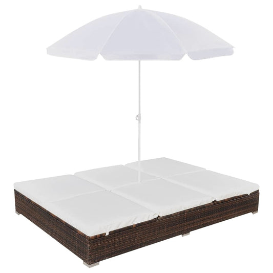 Patio Lounge Bed with Umbrella Poly Rattan Brown